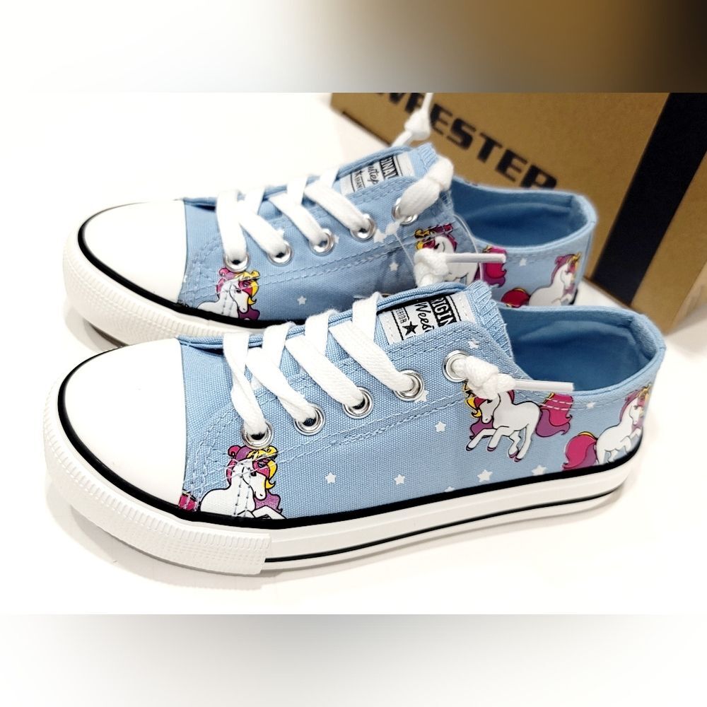NWT Weestep Kids Adjustable Velcro Double Strap Blue Unicorn Canvas Sneakers, 13